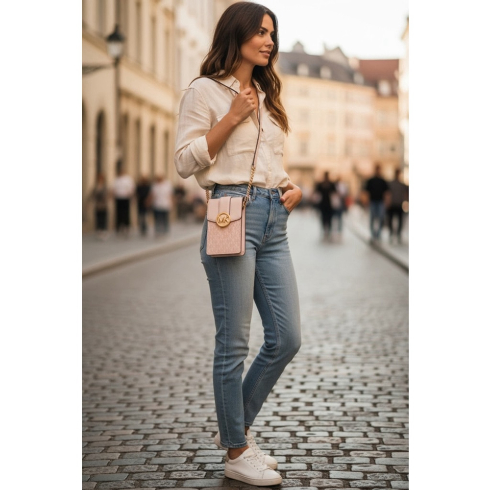 Michael Kors Carmen Phone Crossbody Bag Powder Blush Logo With Gold Chain Strap - Picture 7 of 7